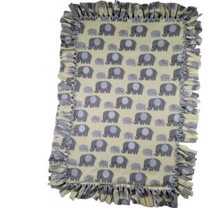 Elephant Baby Blanket Yellow No Sew Tie Knot Fringe Handmade Reversible